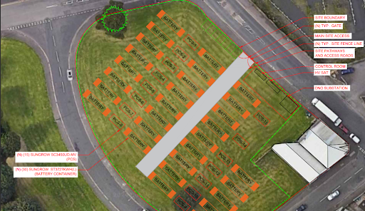 Top-down satellite photo of a layout for a BESS site. The site has 30 Sungrow ST3727kWh(L) battery boxes and 15 Sungrow SC3450UD-MV PCS units, placed in orderly rows on a grassy field. Site requirements comprise the site boundary, main gates, internal walkways, control room, HV SAT, and utility substation.